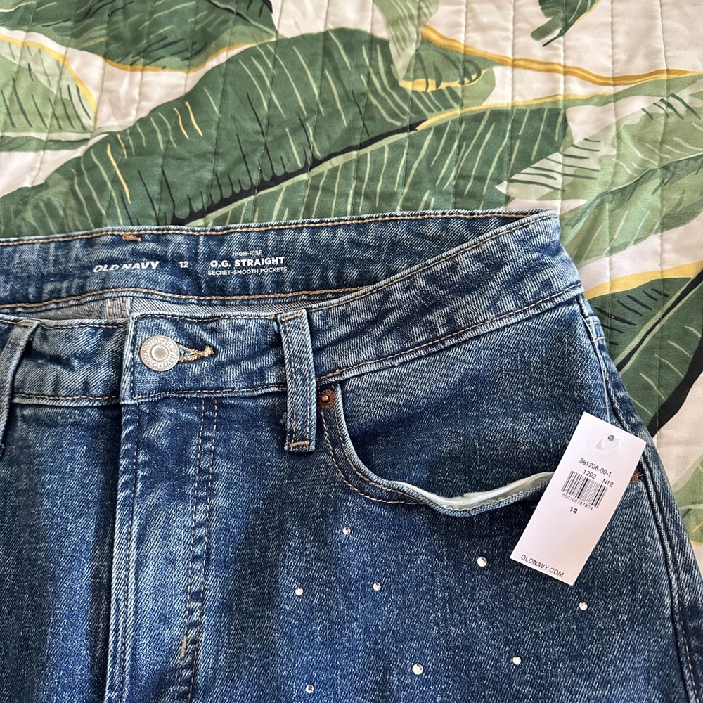 Old Navy Blue Rhinestone-Embellished Straight Leg Jeans Classic Style